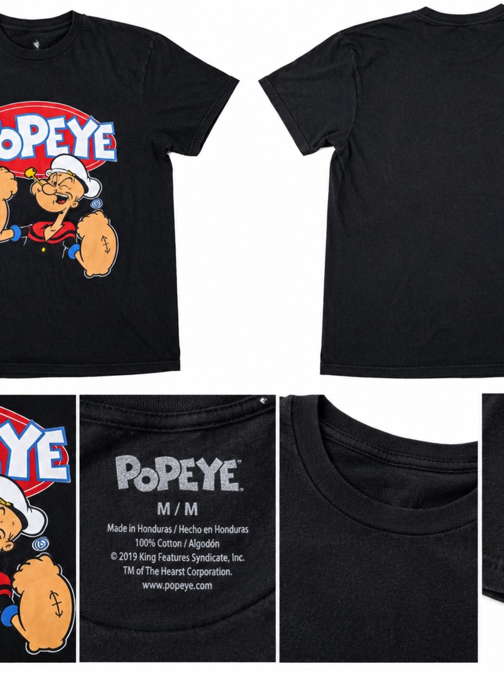 Popeye The Sailor Black Graphic T-Shirt Size Medium 100% Cotton